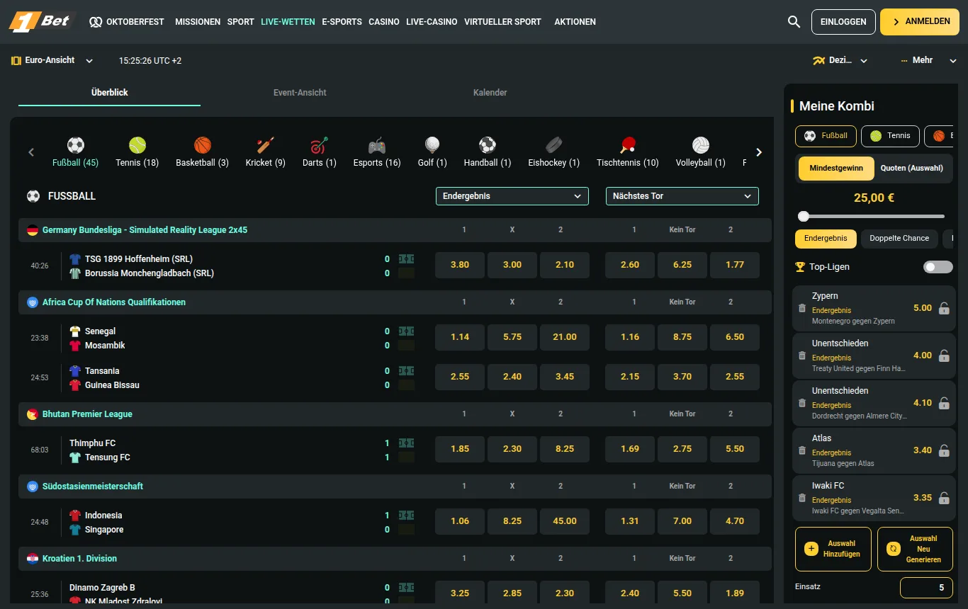 Der Live-Bereich von 1Bet, mit deutscher IP geöffnet