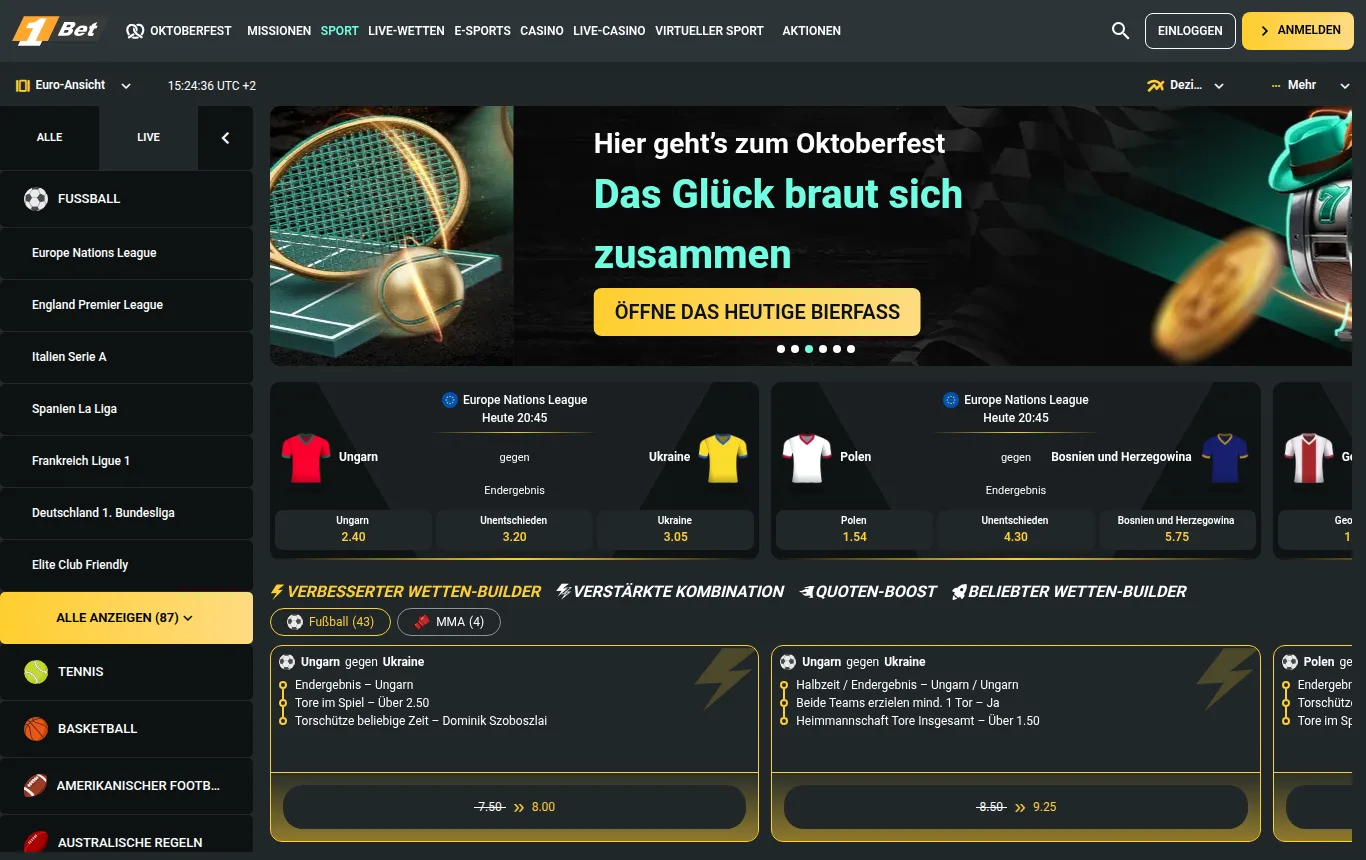 Die Sportseite von 1Bet, aus Deutschland geöffnet