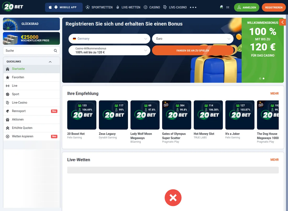 Startseite von 20Bet mit Bonusangebot und App-Hinweis