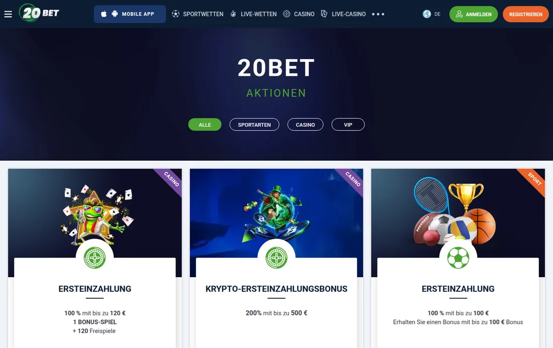 Aktionsseite von 20Bet mit Casino- und Wettbonus