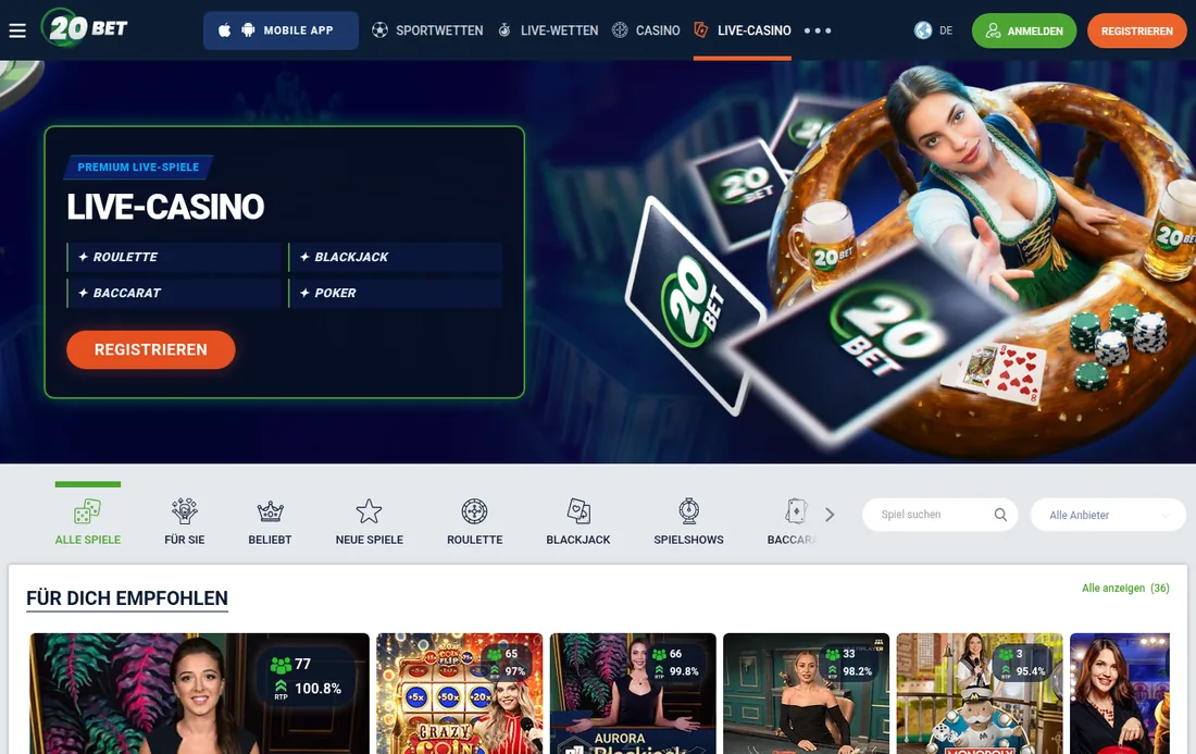 Live-Casino von 20Bet mit echten Dealern