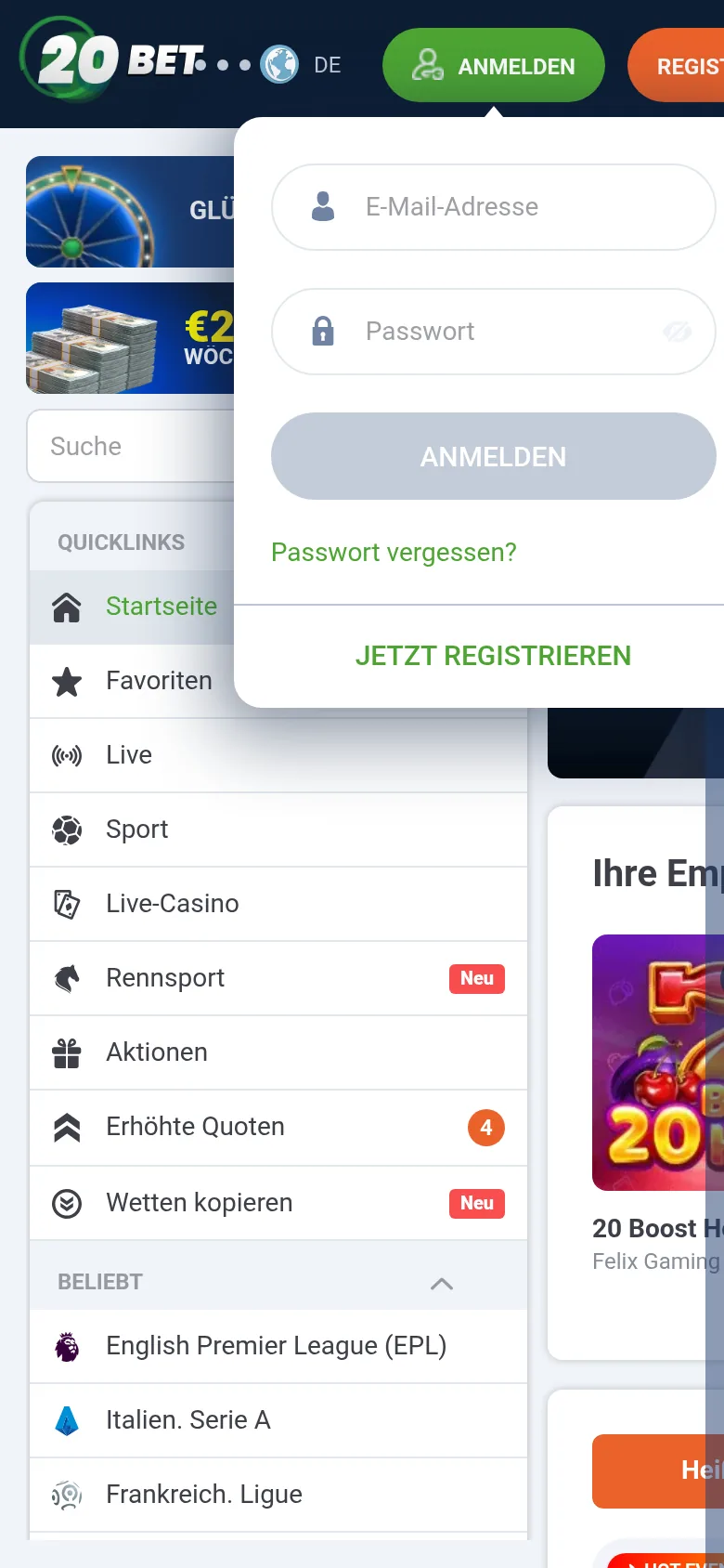 Anmeldebildschirm von 20Bet auf dem Handy