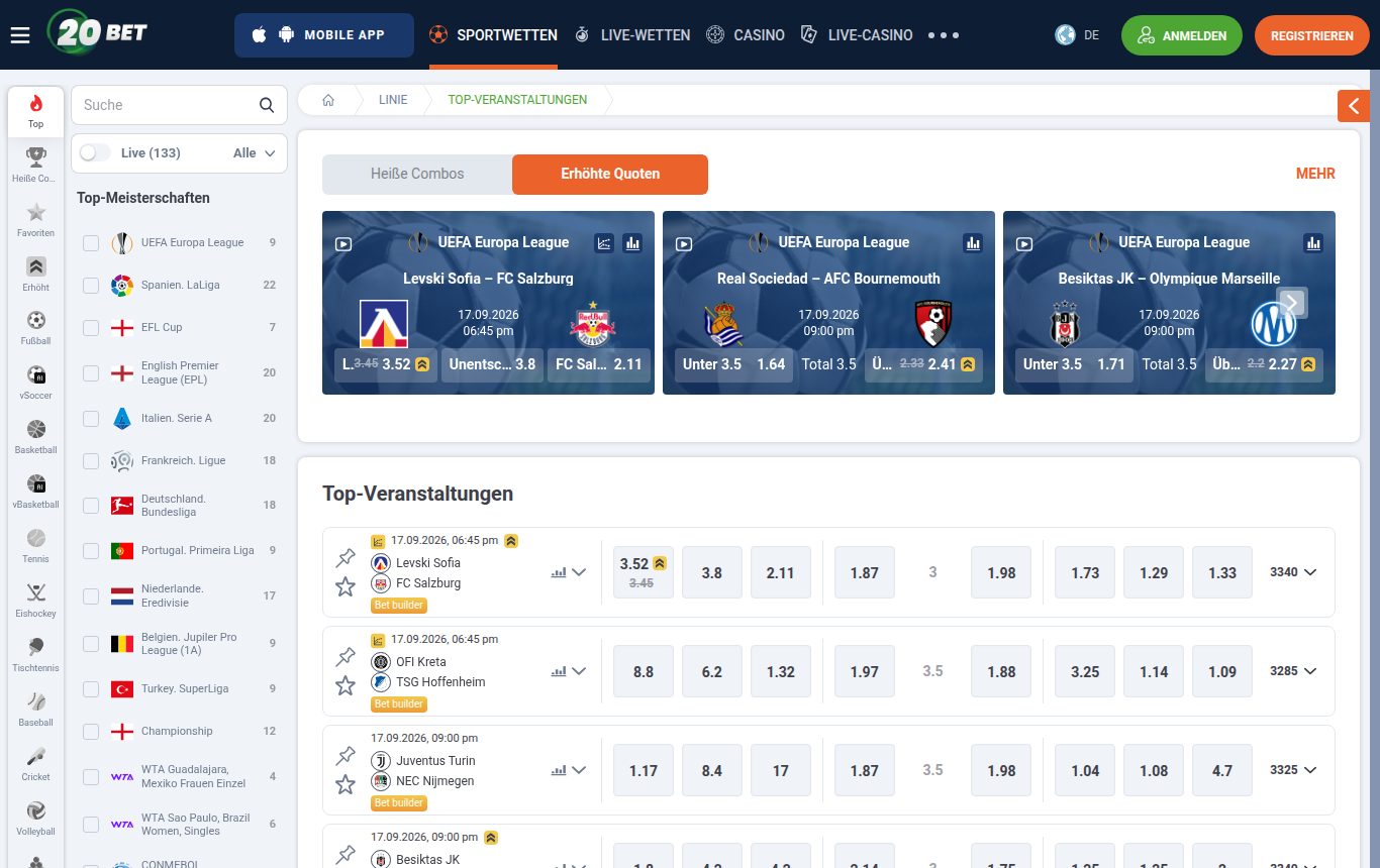 Der Wettbereich von 20Bet, mit deutscher IP geöffnet