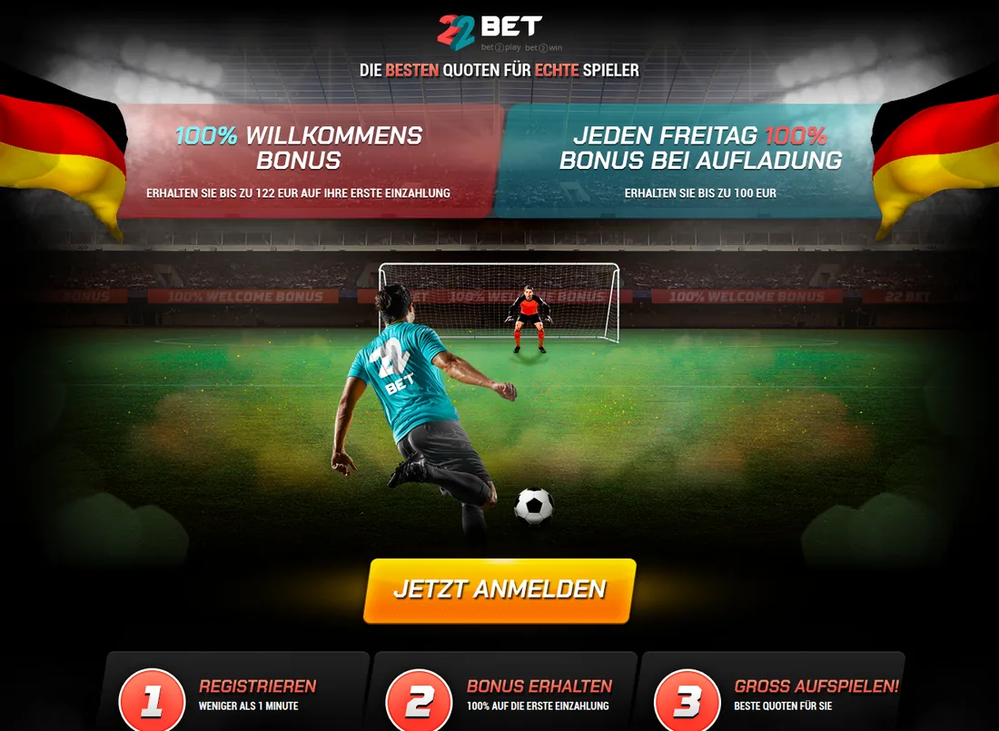 Deutschsprachige Landingpage von 22Bet mit Willkommensbonus