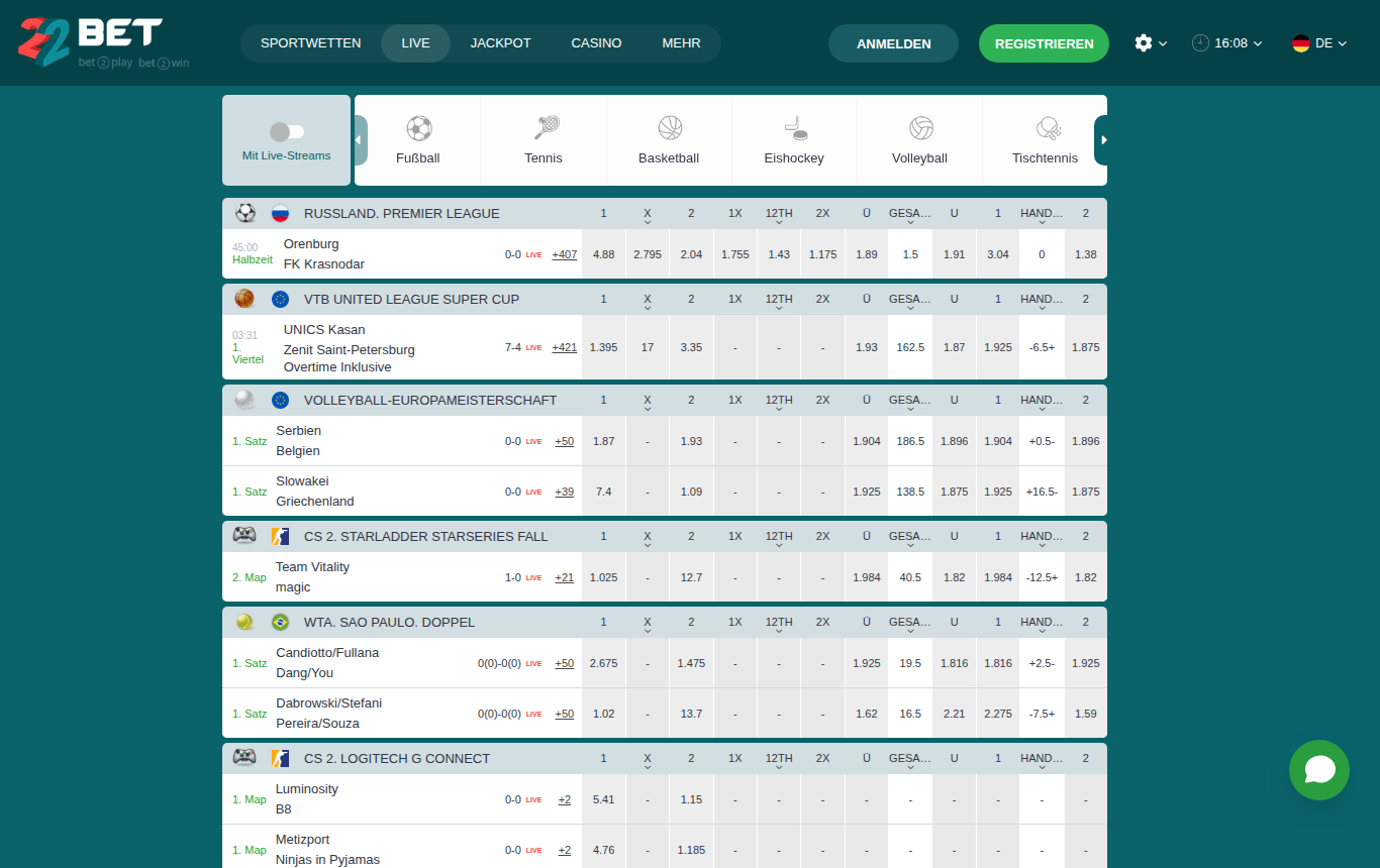 Der Live-Bereich von 22Bet, mit deutscher IP geöffnet