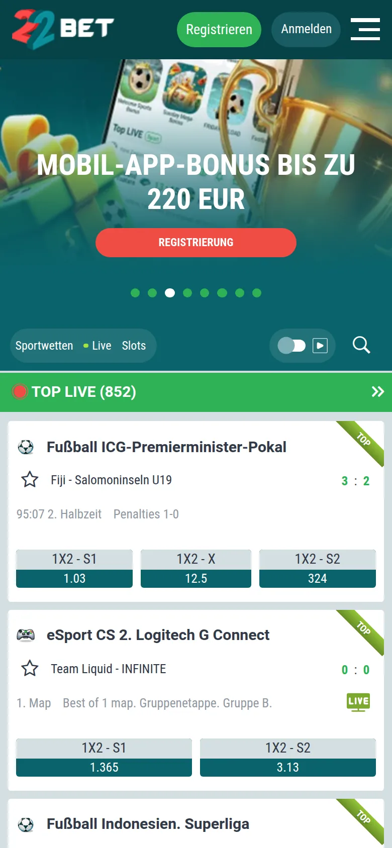 Mobilbereich von 22Bet