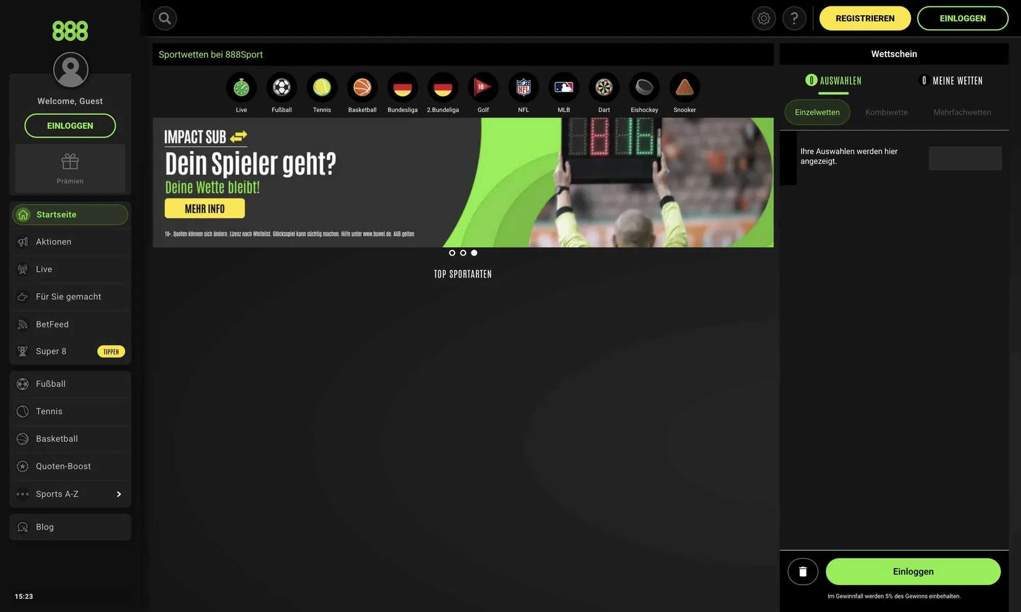 Die Startseite von 888sport mit dem Impact-Sub-Angebot