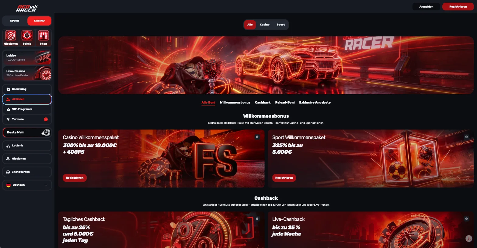 RedRacer Willkommensbonus: 325 % bis 5.000 € für Sport