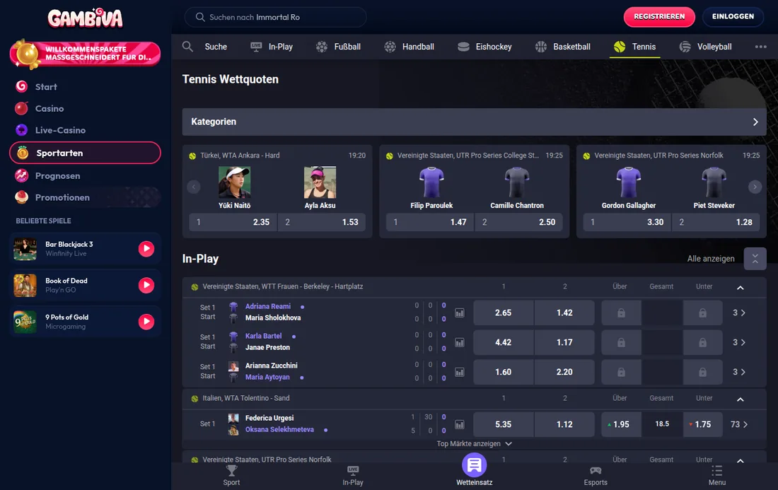 Gambiva — Live-Tennis mit In-Play-Märkten, mit deutscher IP geöffnet