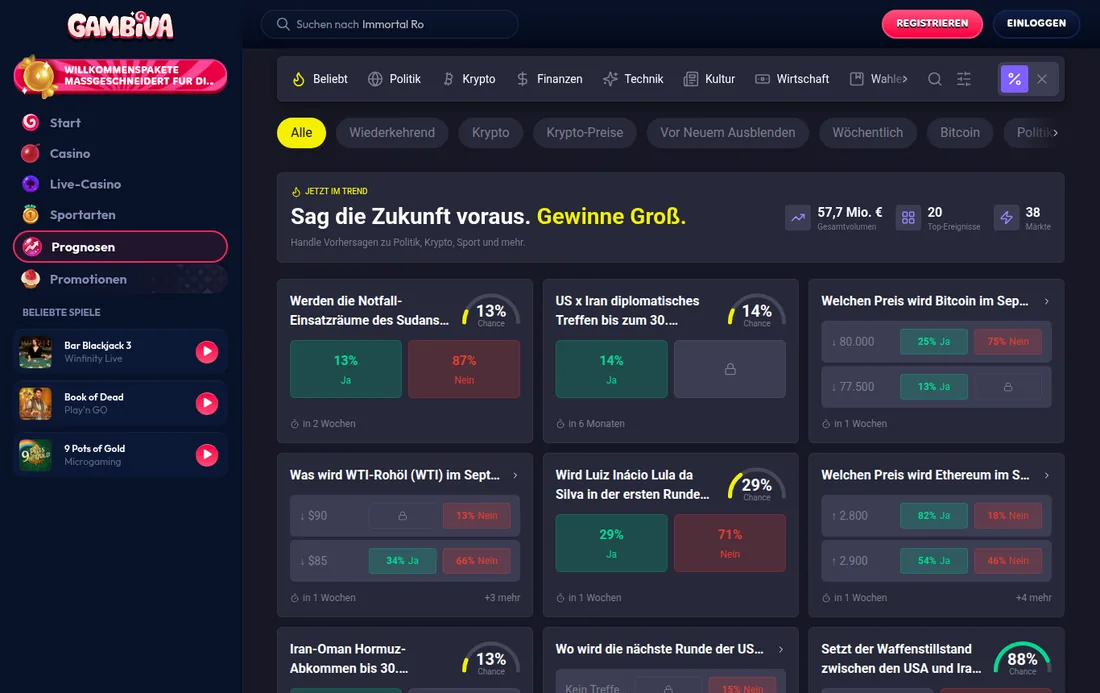 Gambiva — Prediction Markets zu Politik, Krypto und Wirtschaft, mit deutscher IP geöffnet