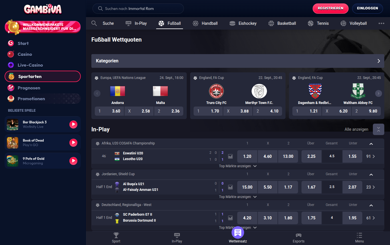 Der Fußballbereich von Gambiva, mit deutscher IP geöffnet
