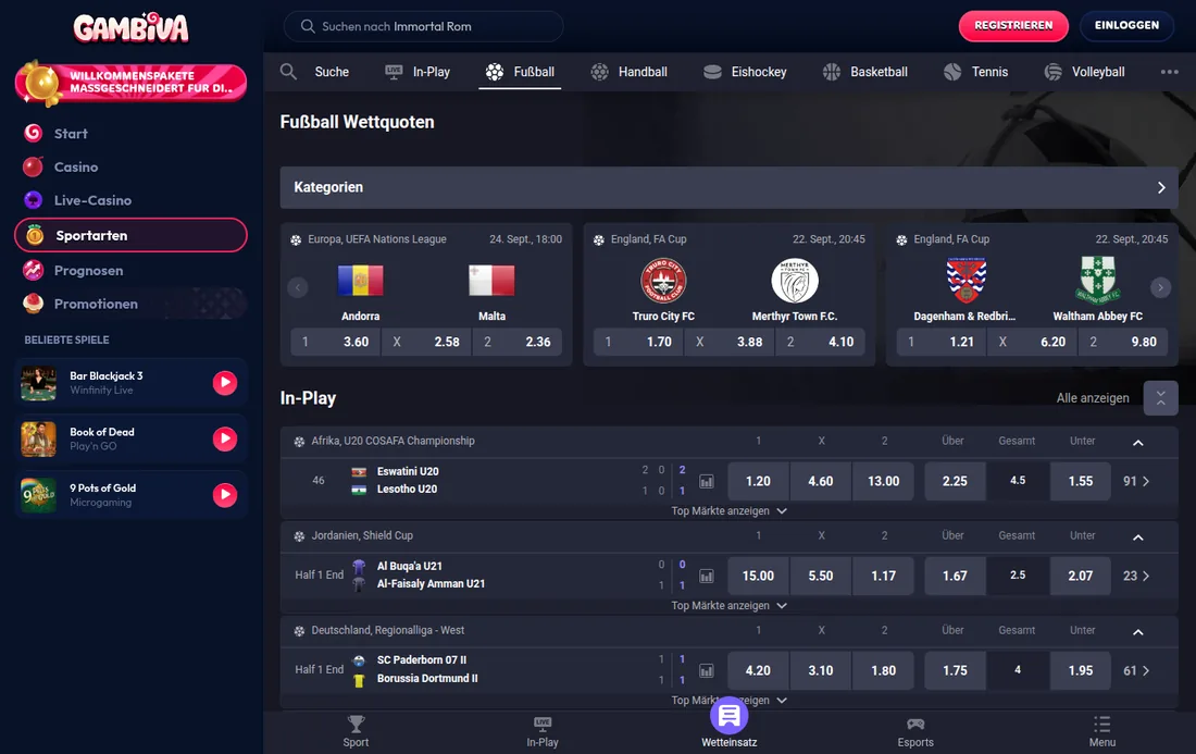 Gambiva — Fußballprogramm mit Top-Ligen, mit deutscher IP geöffnet