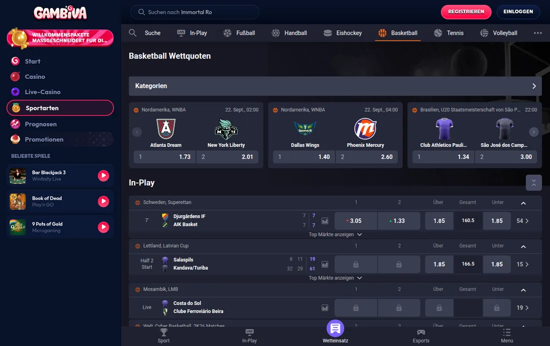 Gambiva — Basketball-Wettquoten mit In-Play-Bereich, mit deutscher IP geöffnet