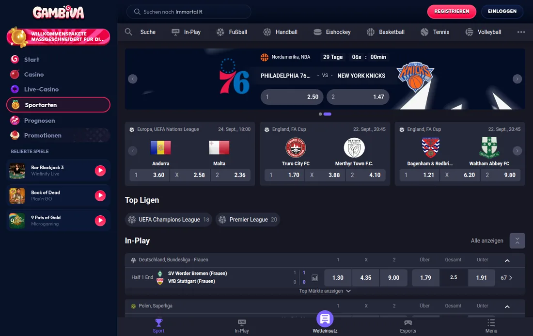 Gambiva — sport, mit deutscher IP geöffnet