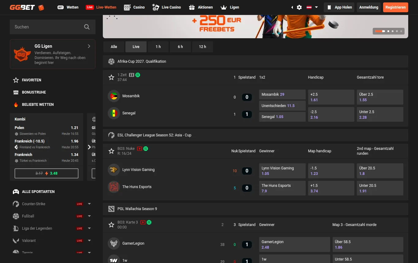 Der Live-Bereich von GG.Bet, mit deutscher IP geöffnet