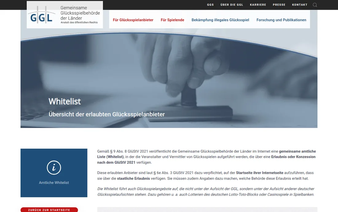 Whitelist der Gemeinsamen Glücksspielbehörde der Länder mit allen erlaubten Anbietern
