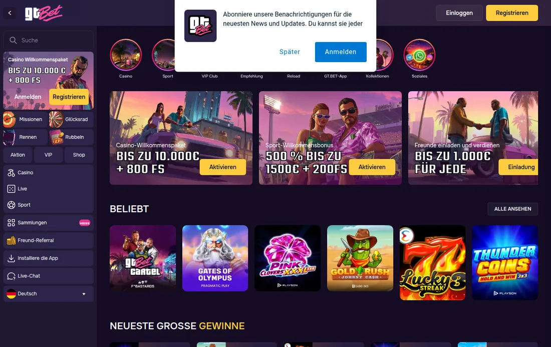 Startseite von GT.bet mit dem Willkommenspaket, mit deutscher IP geöffnet