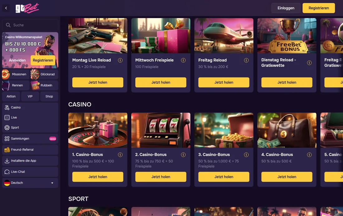 GT.bet — Aktionsseite mit dem Willkommenspaket