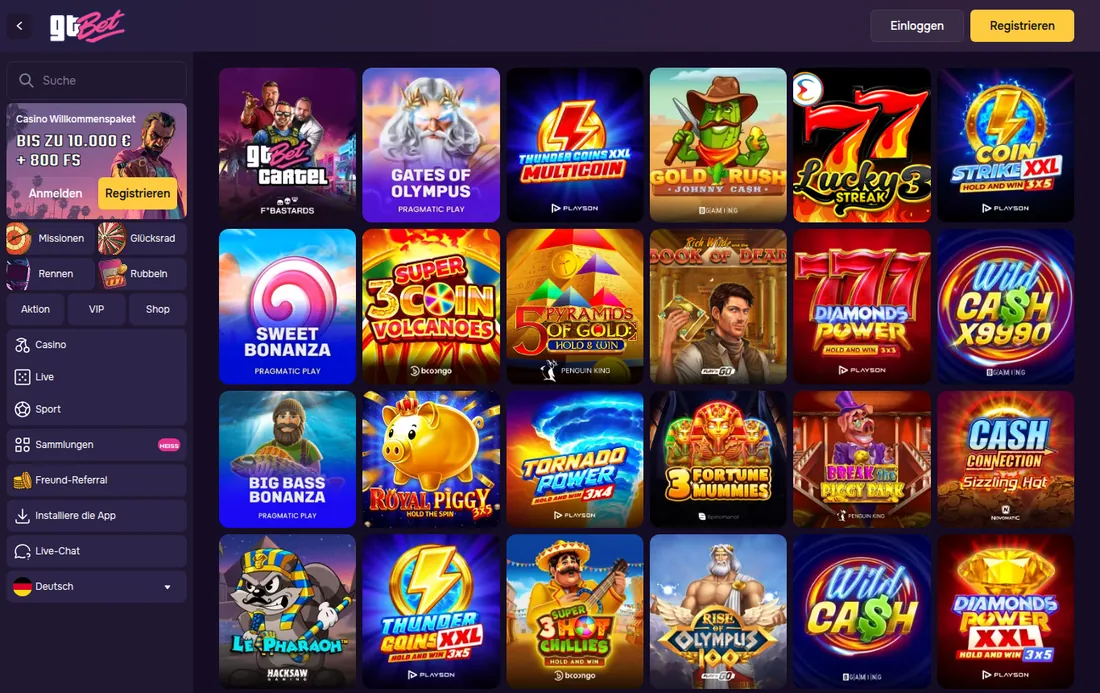 GT.bet — Casino-Lobby mit über 4.000 Spielen