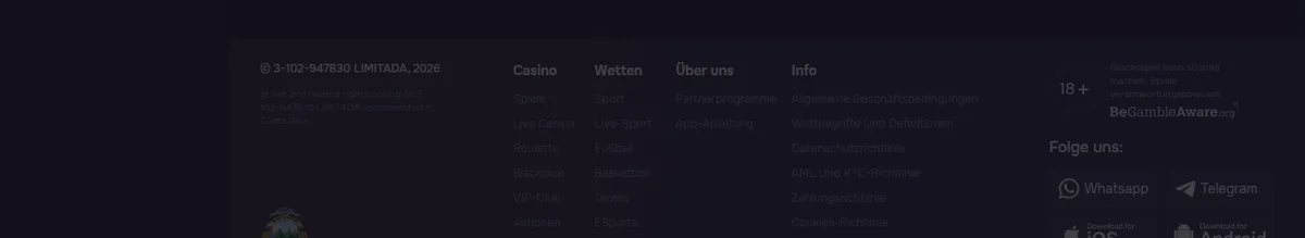 Fußbereich der GT.bet-Startseite am 23.09.2026 mit deutscher IP: Lizenzangabe, 18+, BeGambleAware und soziale Netzwerke — kein einziges Zahlungslogo