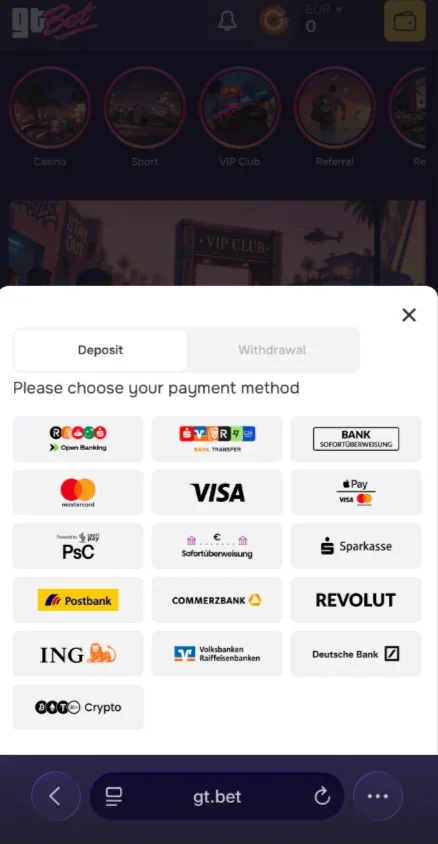 Mobile Kasse von GT.bet, Reiter Einzahlung: 16 Methoden, darunter Apple Pay und Paysafecard