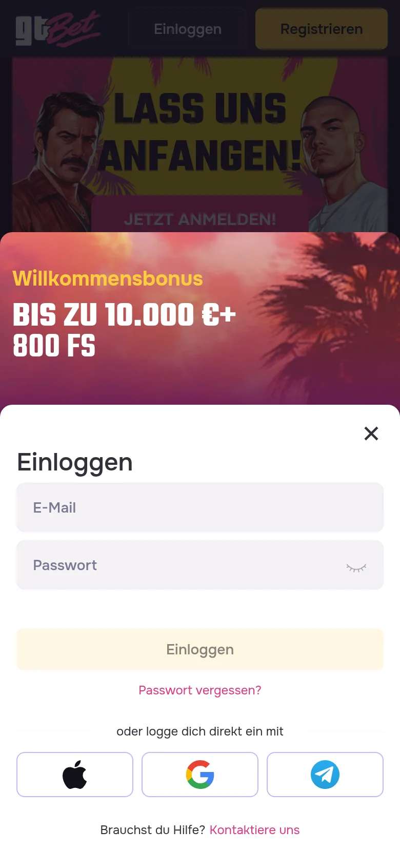 GT.bet — Anmeldebereich