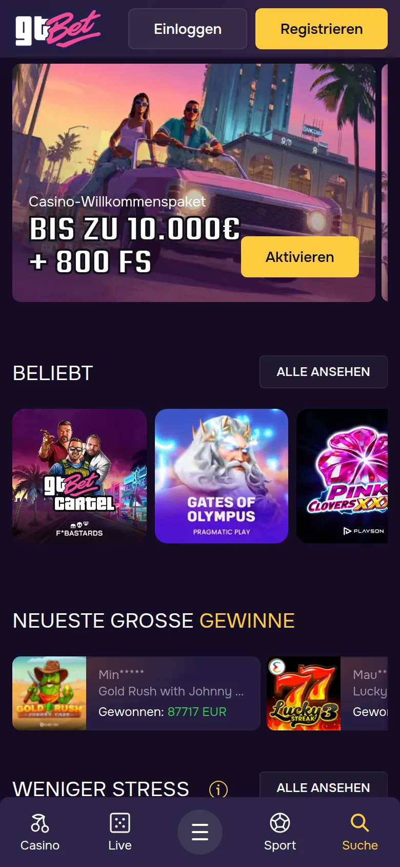 GT.bet — die Startseite auf dem Handy