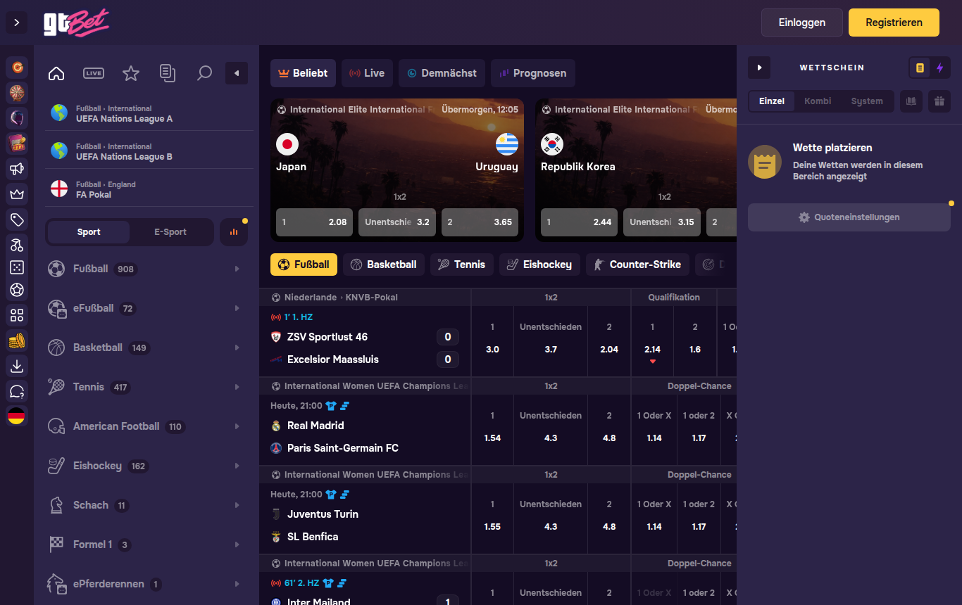 Der Sportbereich von GT.bet, mit deutscher IP geöffnet
