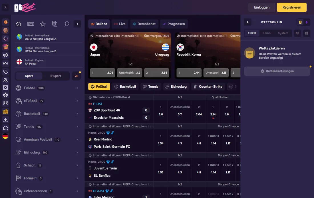 Sportwetten-Bereich von GT.bet mit Live-Quoten für Fußball, Tennis und Basketball