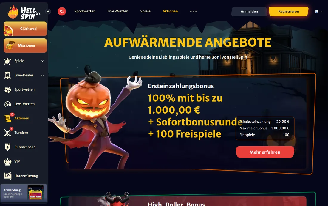 HellSpin — Aktionsseite mit dem Ersteinzahlungsbonus, mit deutscher IP geöffnet