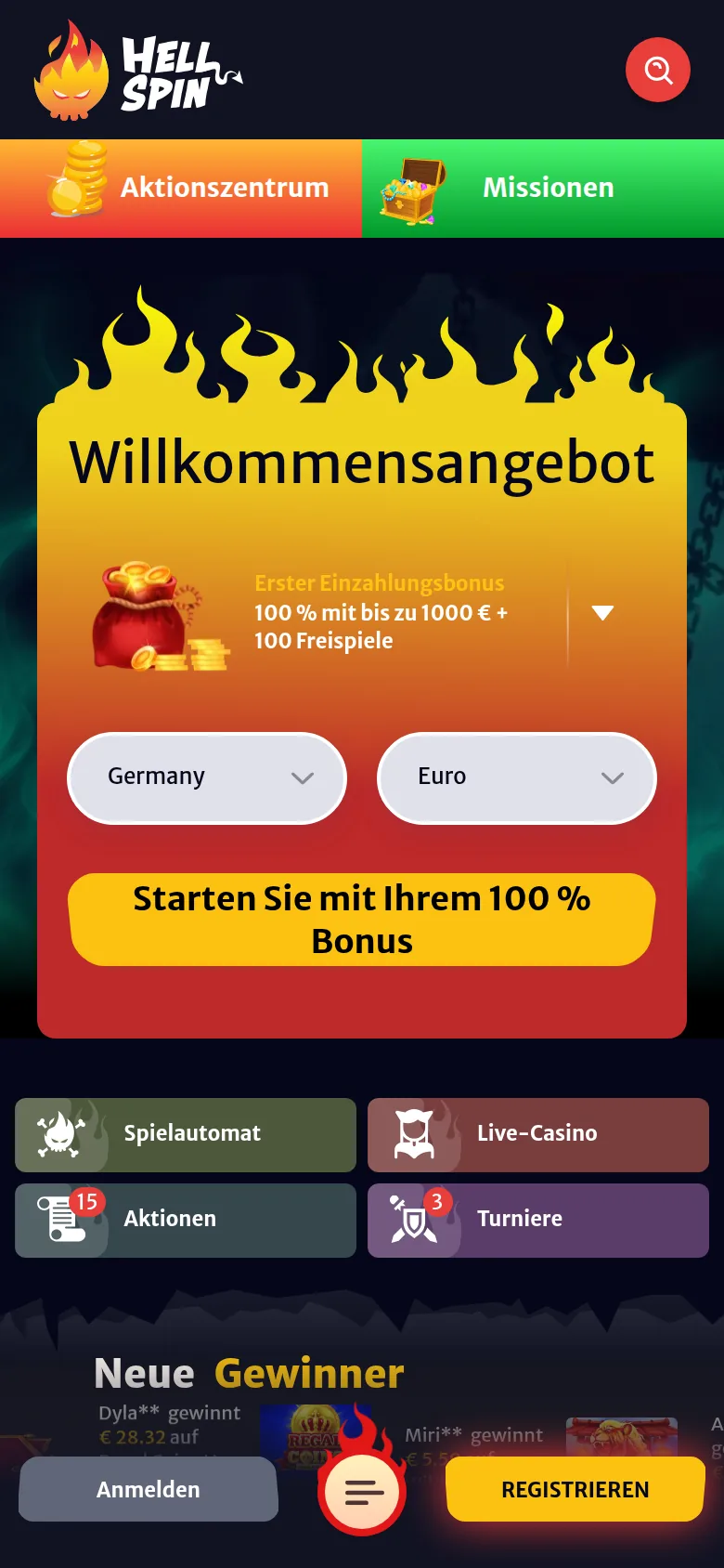 Hellspin — mobil-home, mit deutscher IP geöffnet