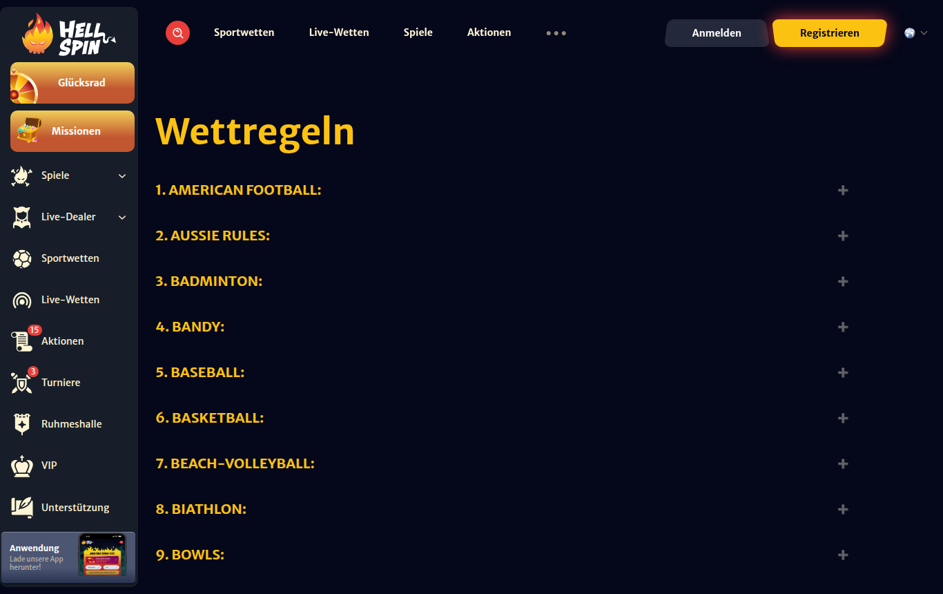 HellSpin — Wettregeln, ohne Anmeldung lesbar, mit deutscher IP geöffnet