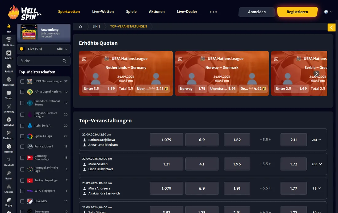 HellSpin — Sportwetten mit Prematch-Quoten, mit deutscher IP geöffnet