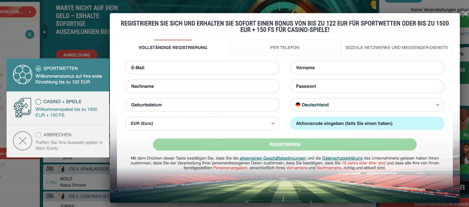 Registrierungsformular von 22Bet auf Deutsch mit Auswahl zwischen Sport- und Casino-Bonus