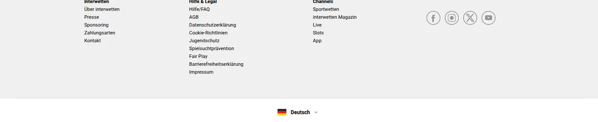 Fußbereich von Interwetten, einem Anbieter mit deutscher Erlaubnis: ein eigener Link Zahlungsarten statt einer Logoleiste