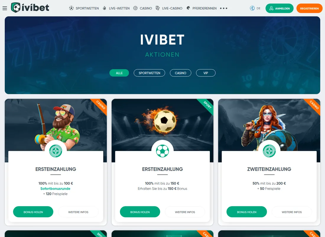Aktionsseite eines Wettanbieters mit getrennten Angeboten für Sport und Casino