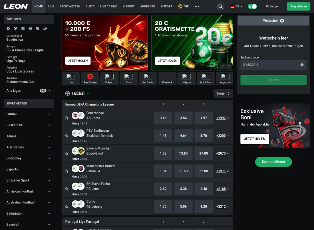 Sportwetten-Startseite von Leon mit Live-Quoten