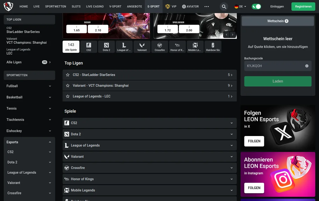 Leon — esport, mit deutscher IP geöffnet