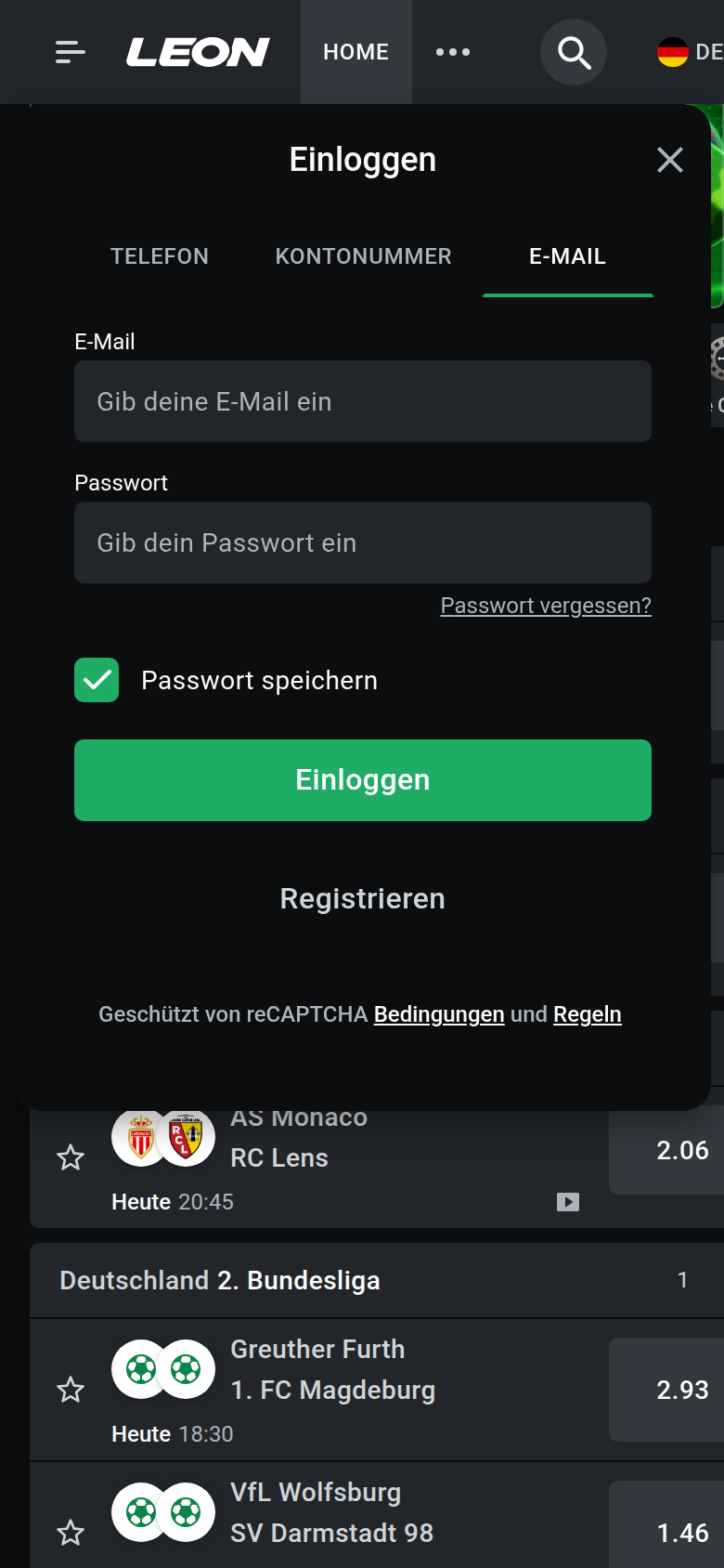 Leon — login, mit deutscher IP geöffnet