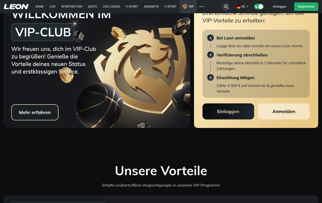 VIP-Club von Leon mit den drei Schritten Anmeldung, Verifizierung, Einzahlung