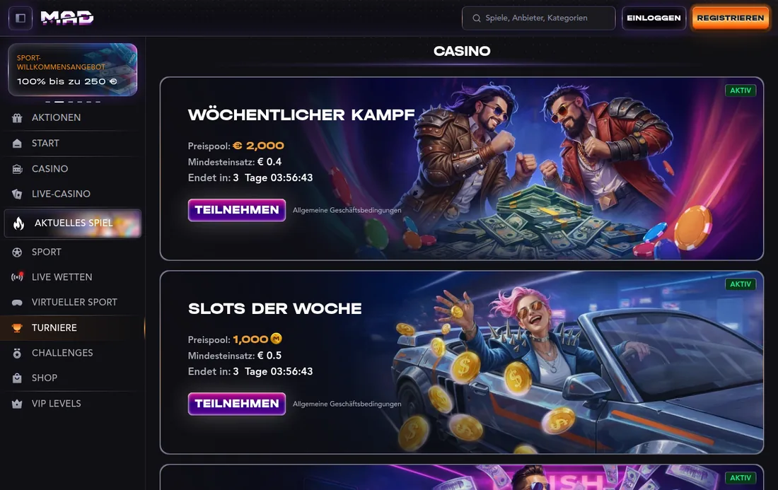 Madcasino — casino-turniere, mit deutscher IP geöffnet