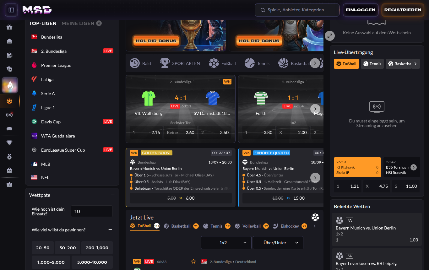 Der Sportbereich von MadCasino, mit deutscher IP geöffnet