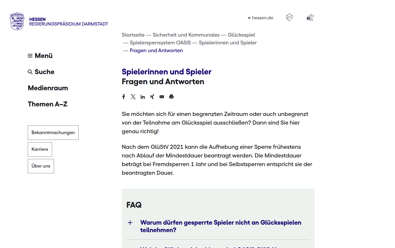 Fragen und Antworten zum Spielersperrsystem OASIS beim Regierungspräsidium Darmstadt
