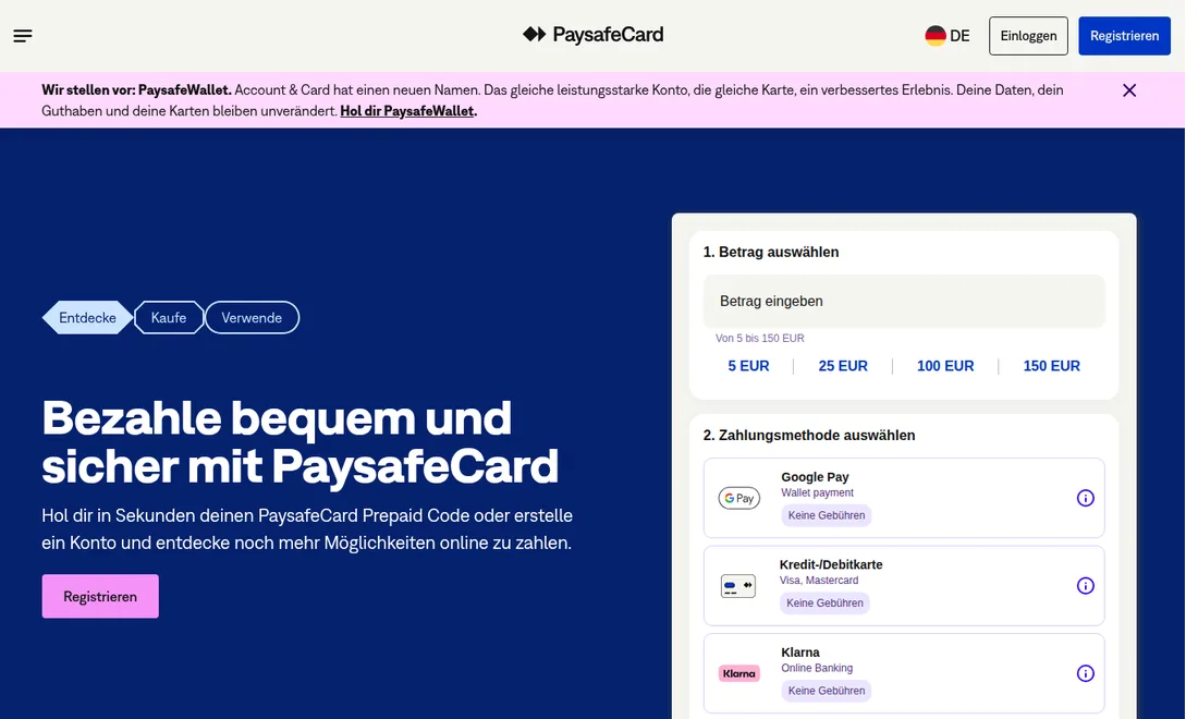 Startseite von paysafecard, aufgerufen am 23.09.2026 mit deutscher IP-Adresse