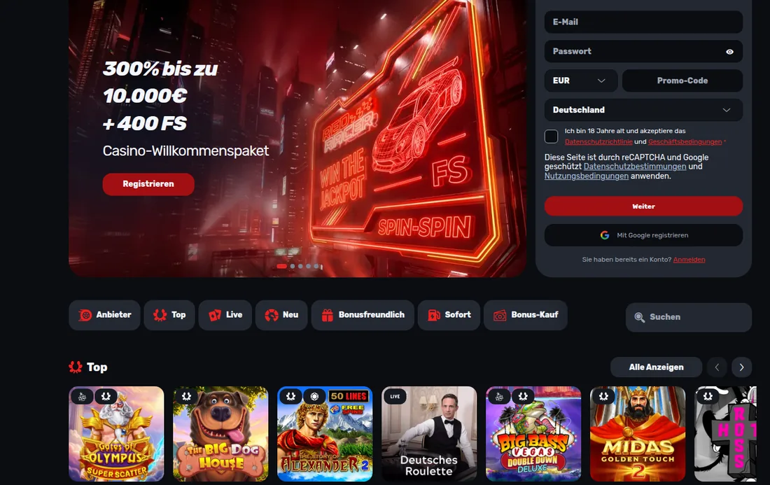 Casino-Bereich von RedRacer mit dem Casino-Willkommenspaket und Freispielen