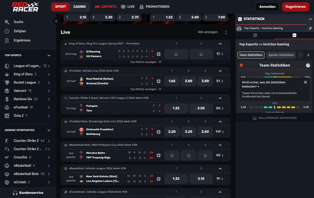 E-Sport-Bereich von RedRacer mit Counter-Strike und Dota