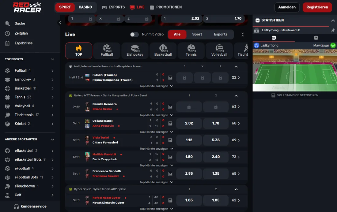 Live-Wetten bei RedRacer mit Live-Statistiken