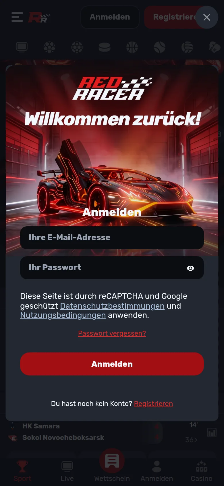 Anmeldebildschirm von RedRacer auf dem Handy