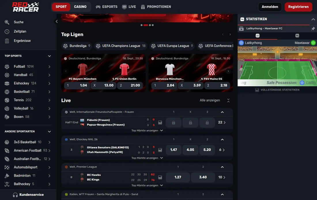 Wettlobby von RedRacer mit Top-Ligen und laufenden Partien