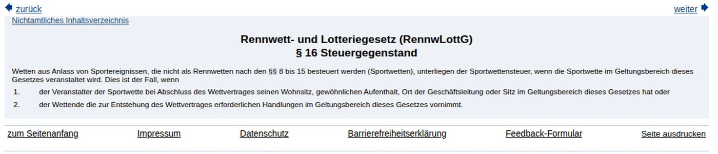 § 16 Rennwett- und Lotteriegesetz auf gesetze-im-internet.de: Steuergegenstand der Sportwettensteuer